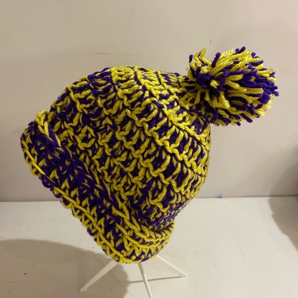 Yellow and Purple Pom-Pom Crochet Toboggan (OY)